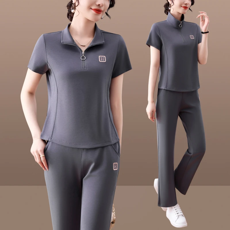 恩狐夏天运动套装女长裤中年妈妈修身显瘦跑步健身休闲两件套装