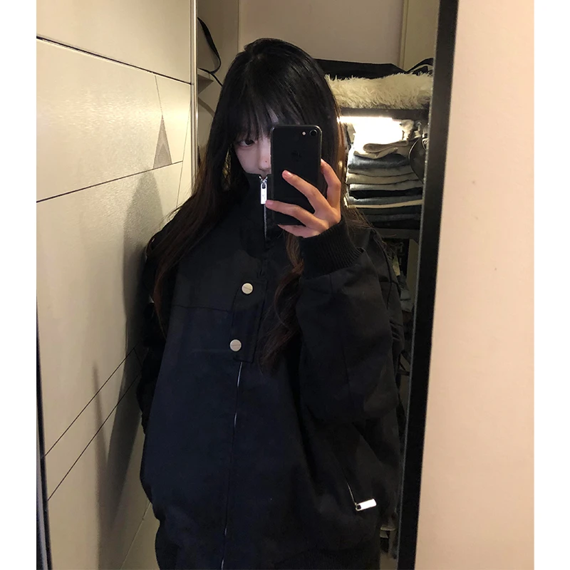 美式复古黑色工装外套男春秋小众设计高级感cleanfit立领飞行夹克