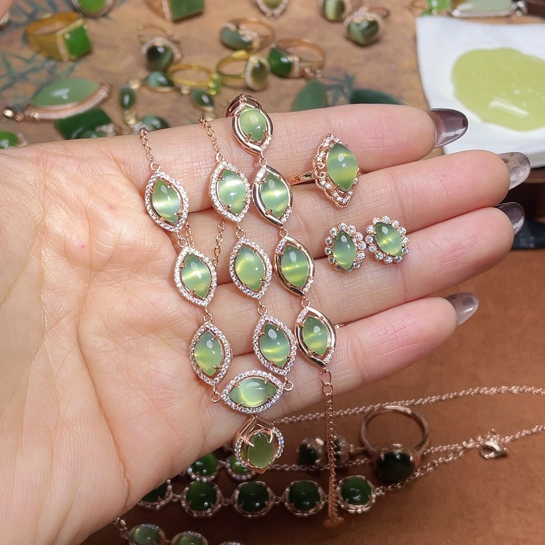 和田玉（碧玉）银S925镶嵌吊坠(不含链)套装