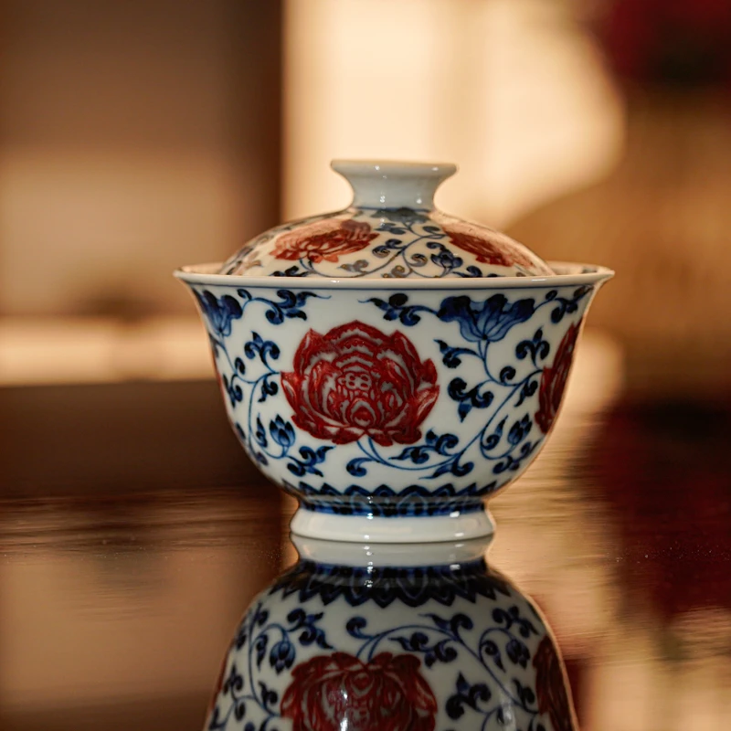 【墨舍名窑 】古官青花釉里红荷花盖碗 ggqy648