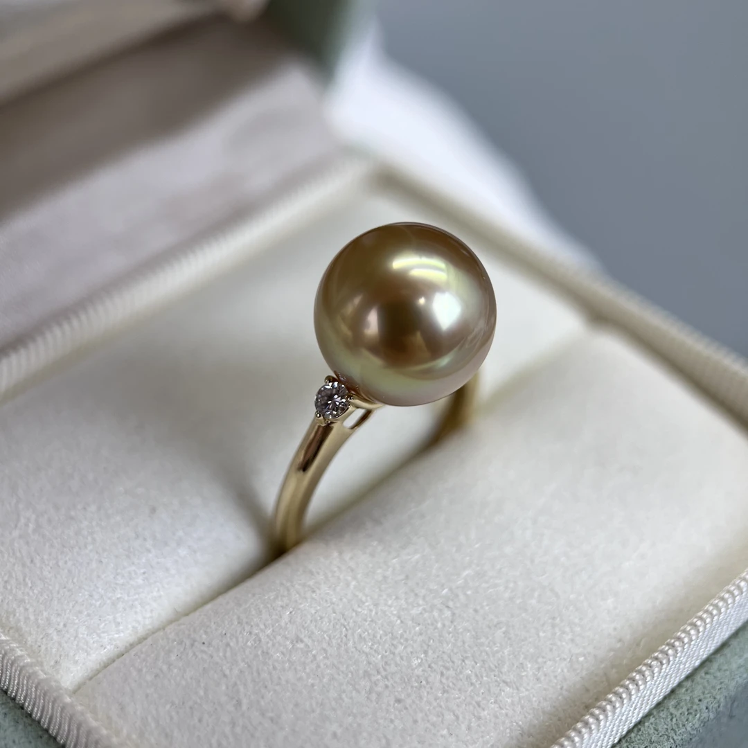 18k金钻金珠浓金正圆无暇 高品海水珍珠戒指 点位12.8mm 简约时尚