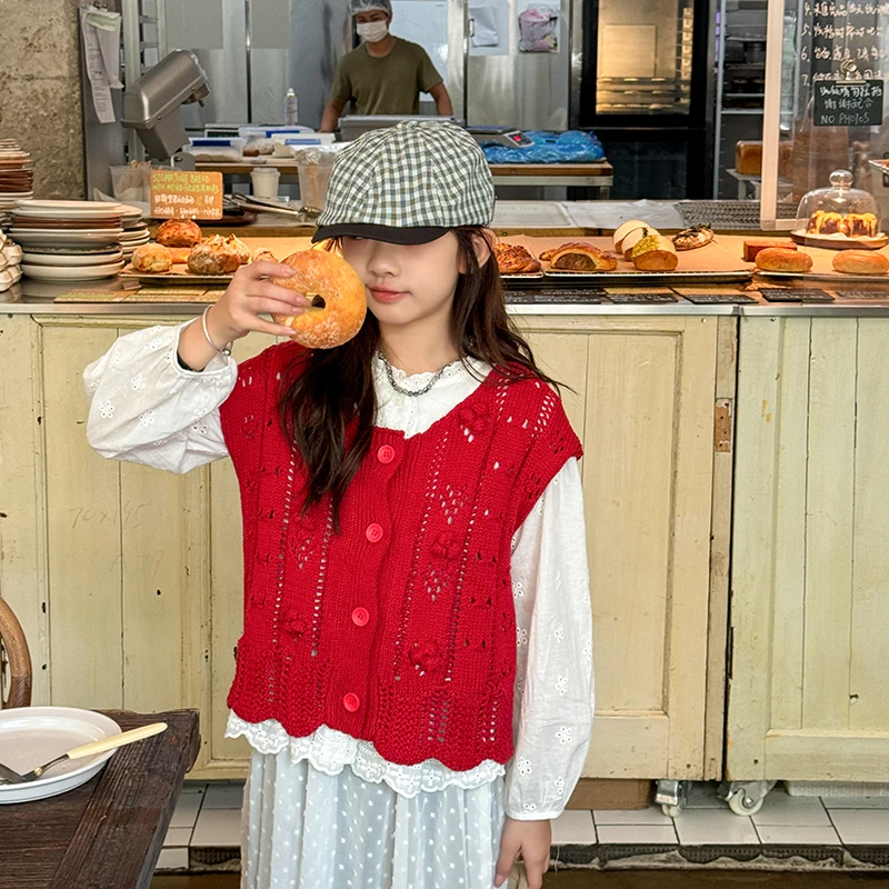 女童针织马甲春秋2024新款儿童叠穿百搭镂空针织衫秋装MS716