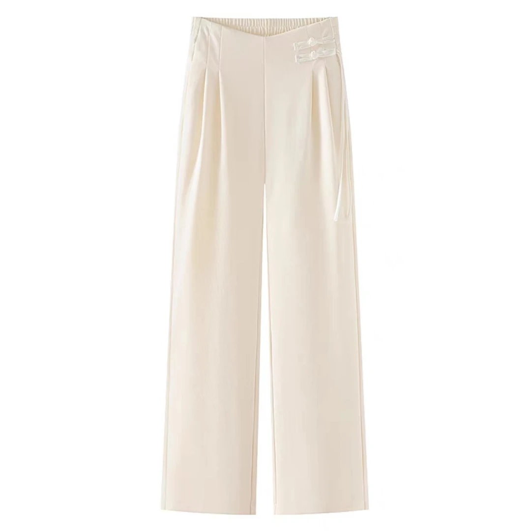 【曾漂亮原创】夏季新款新中式盘扣高腰垂感抗皱醋酸直筒裤X628