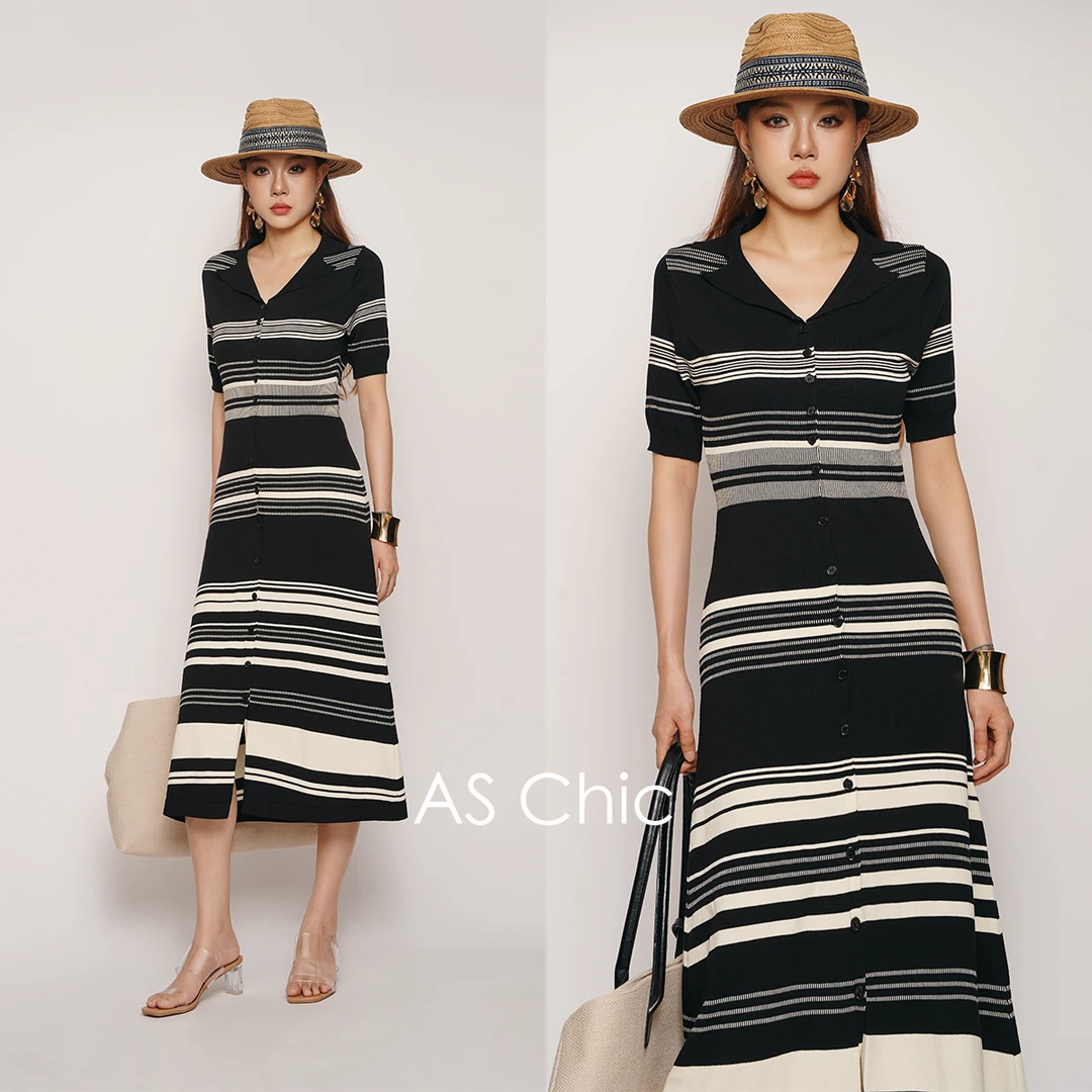 AS Chic25SS黑色条纹针织polo领短袖连衣裙女夏季2025新款AS1013