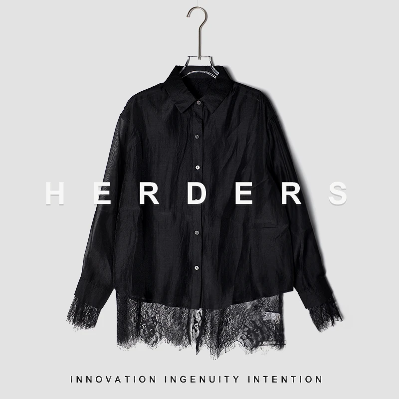 HERDERS 多色长款小方领拼蕾丝衬衫 252392