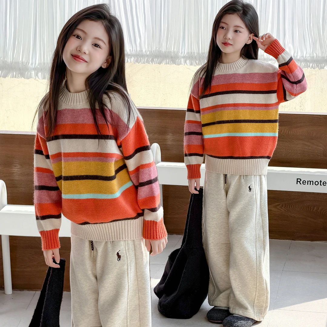 女童加厚套装秋冬2025新款儿童韩系中大童彩条纹毛衣加绒裤两件套