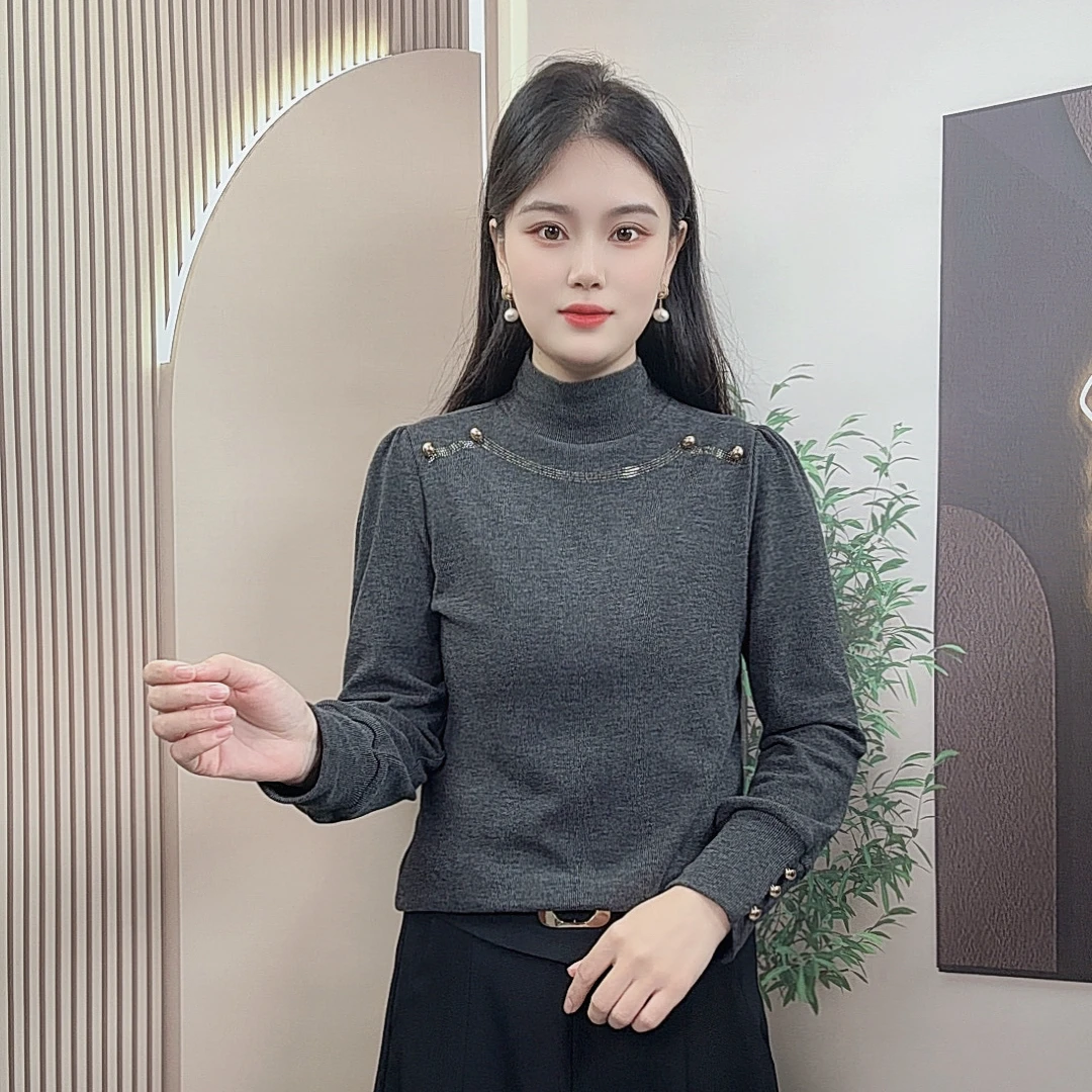 2025秋冬新款百搭高领内搭慕丝绒T恤镶钻加厚女士长袖半高领洋气