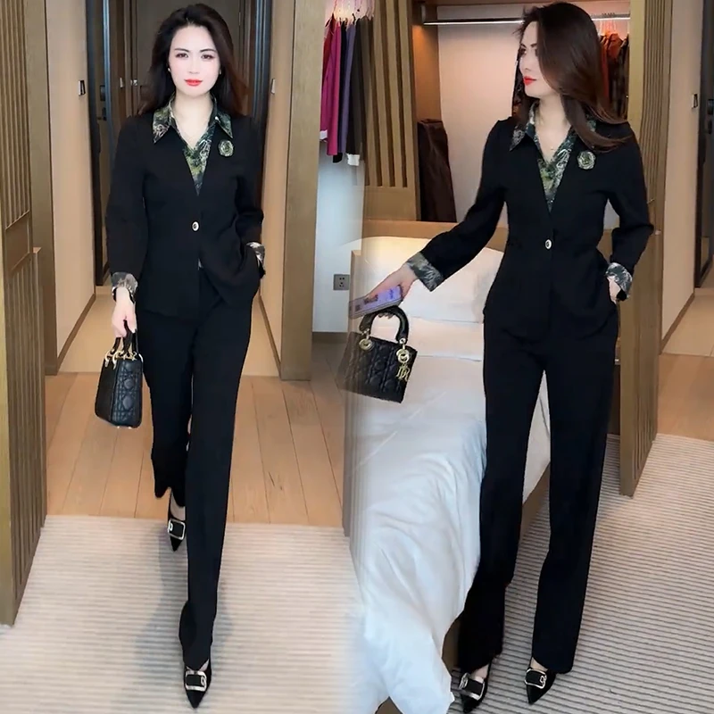 黑色时尚修身气质假两件衬衫领小西装外套高腰阔腿裤春季套装女