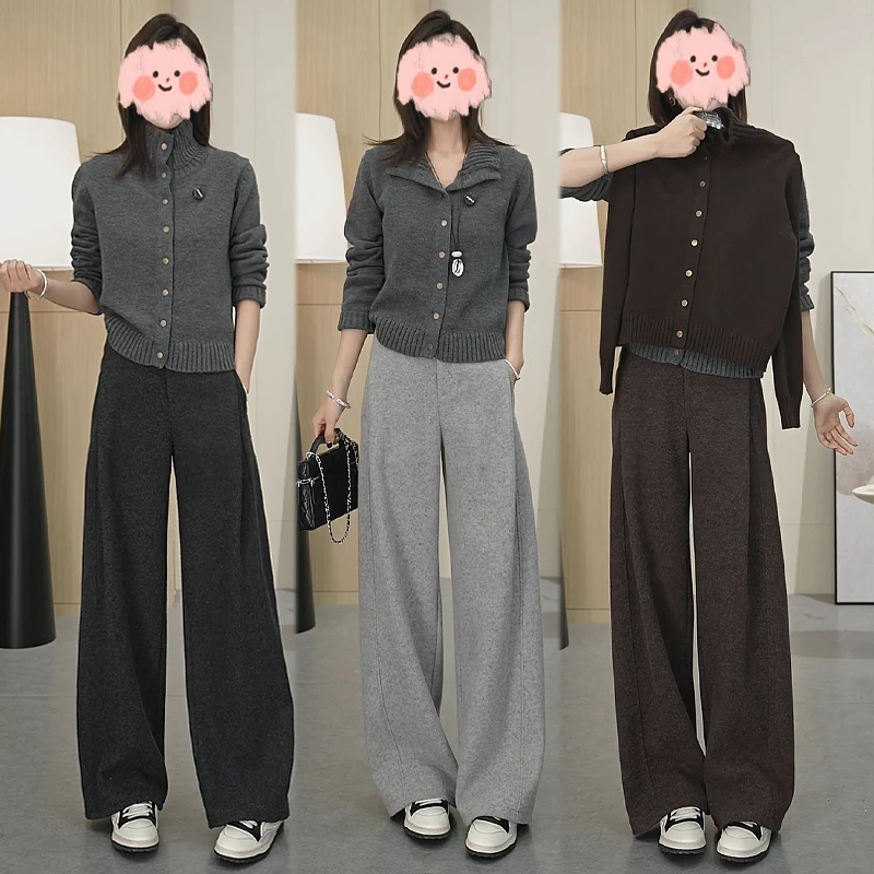 霖优【左岸时光】松弛氛围感老钱风针织开衫阔腿裤套装女冬季两件套