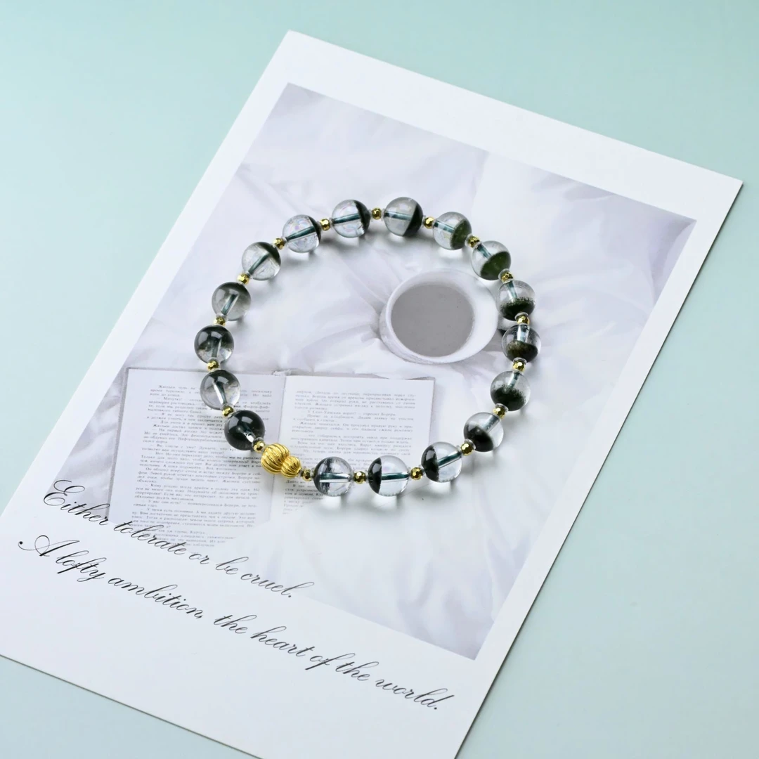 【盈满】聚宝盆18K金天然绿幽灵半盆手串手链7mm-A126【多样性发一】