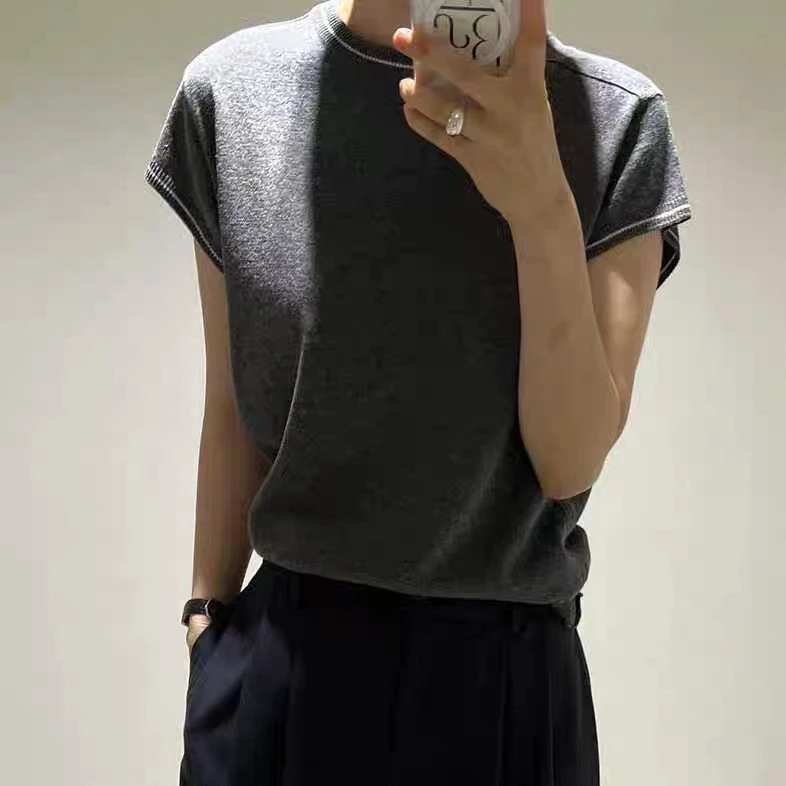 韩国拆包/No退/针织撞色线条短袖集合