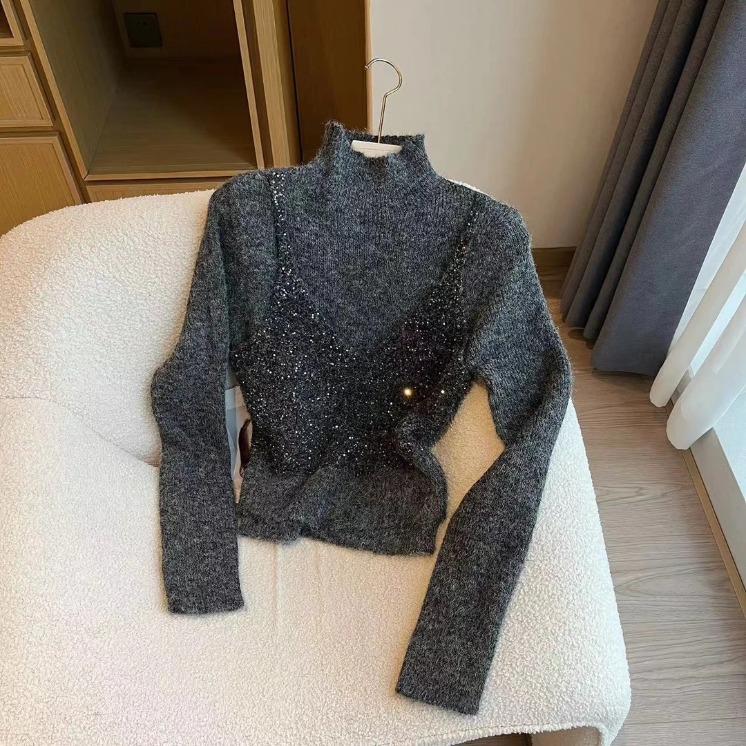 婷婷推荐 【芭蕾舞】52166 秋冬时尚半高领假两件设计感毛衣