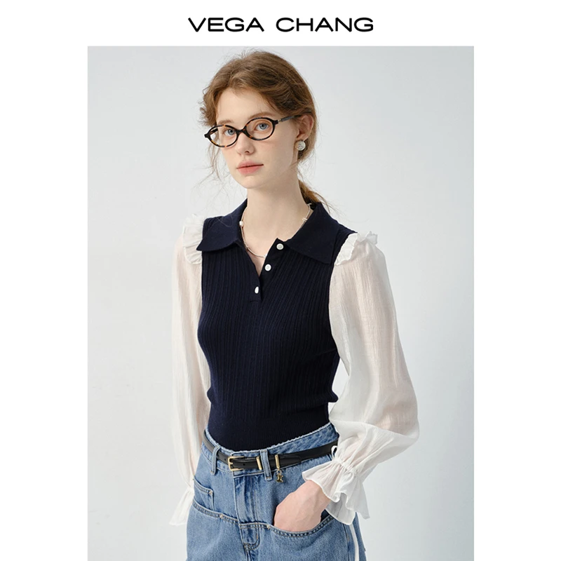 VEGA CHANG女士毛针织衫2025年秋季新款甜美花边莱赛尔拼接针织衫
