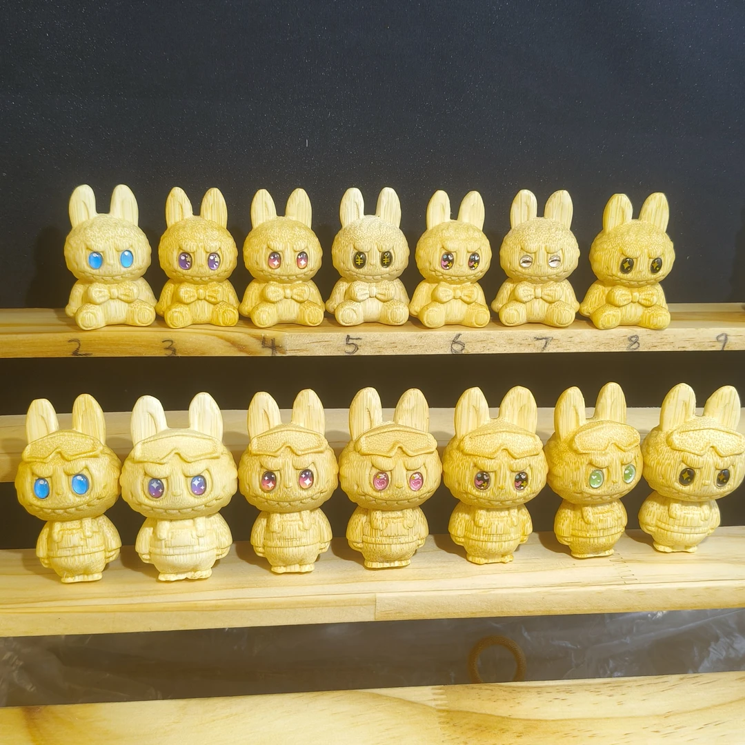 拉布布labubu实心竹雕刻摆件可爱泡泡玛特网红爆款玩偶随机一个