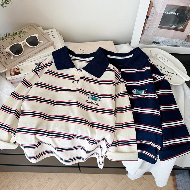 【主播推荐】儿童春季新款条纹刺绣长袖POLO领卫衣PL25256