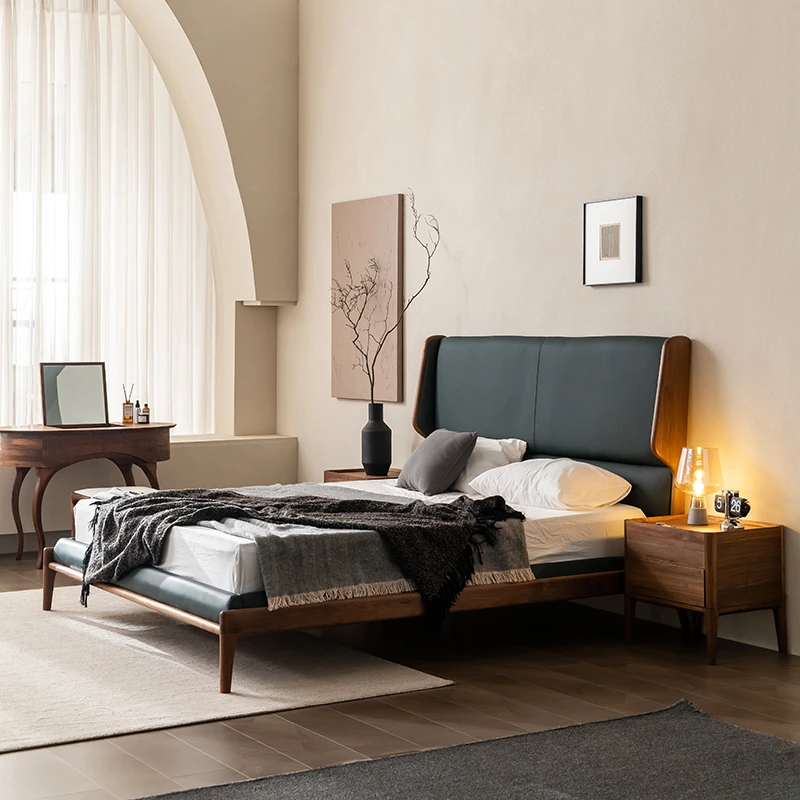 北美黑胡桃木双人床实木真皮软包床意式主卧齐边高靠背1.8米婚床