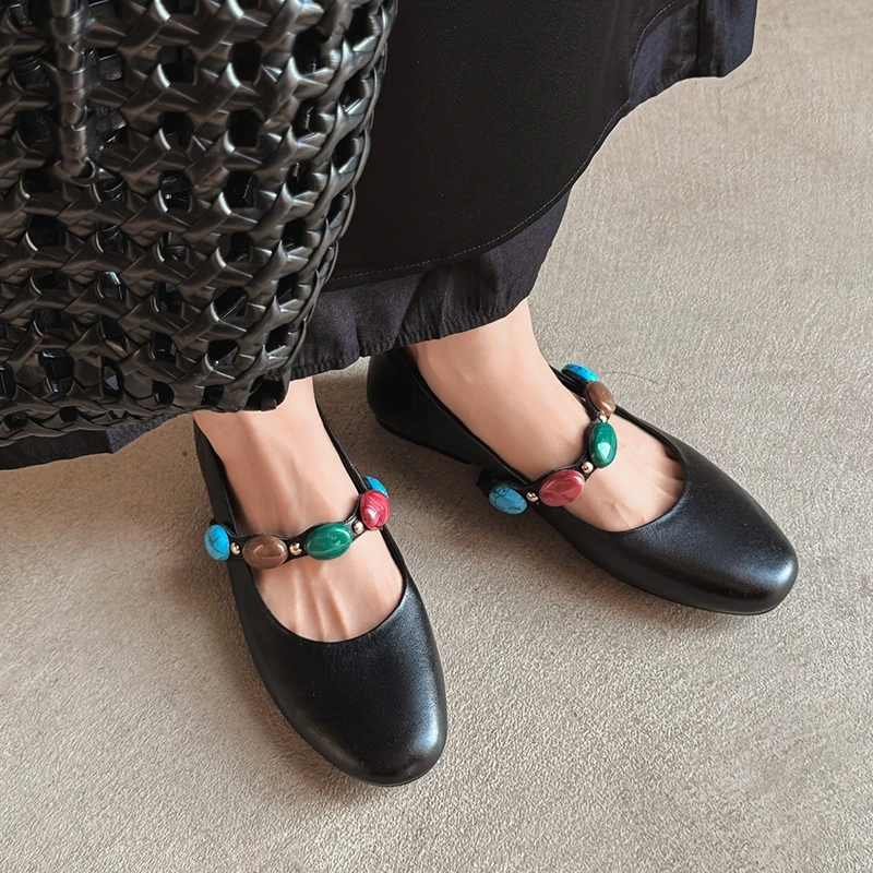 头层牛皮民族风玛丽珍真皮浅口平底软底通勤新中式单鞋网红新款