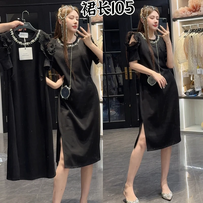 【摩洛哥之夜】62571木耳边褶皱露肩水钻开叉连衣裙