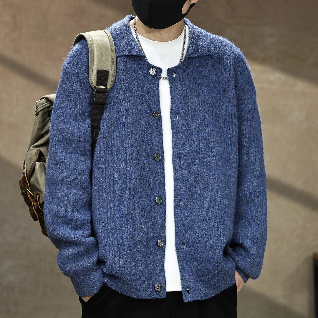 秋冬新款羊毛混纺厚款针织开衫男款上衣美式高端翻领毛衣情侣外套
