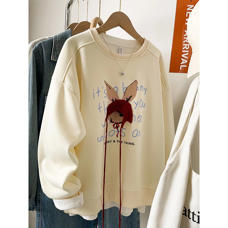 美式兔子刺绣套头圆领卫衣女2025新款爆款秋冬洋气宽松加绒上衣服