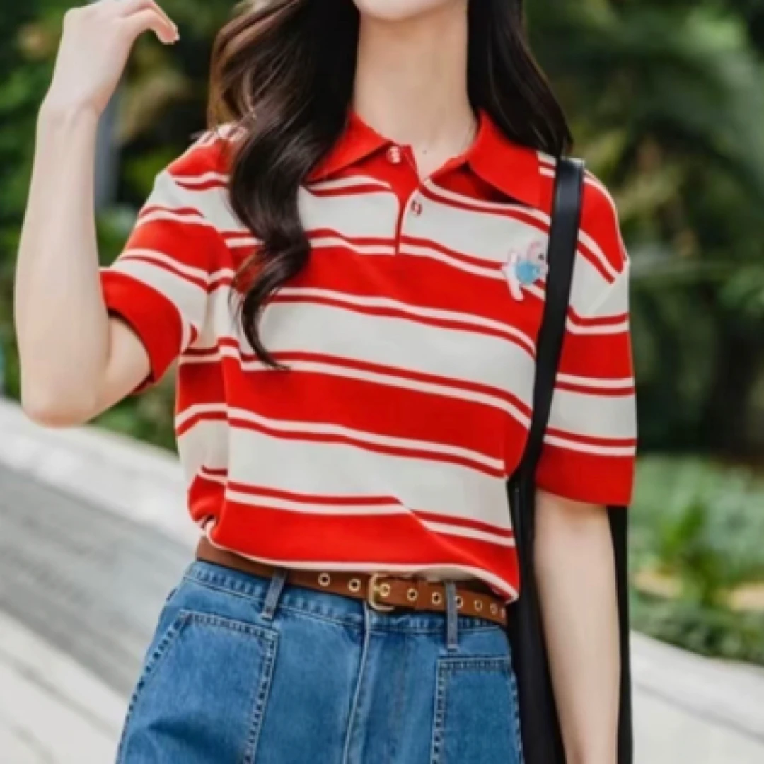 夏季新款宽松Polo领条纹短袖T恤138023