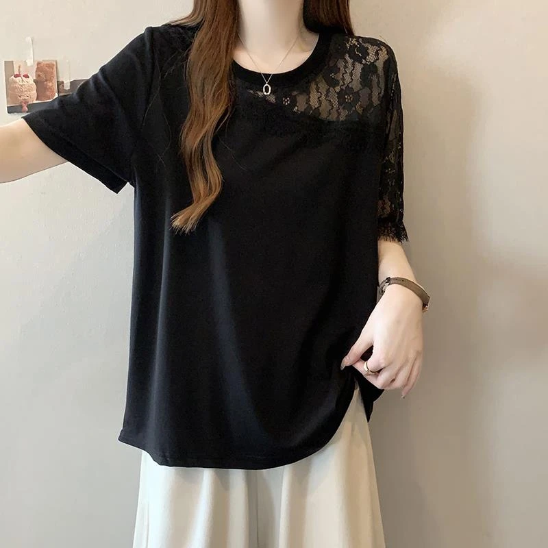大码斜肩蕾丝拼接独特别致短袖恤女夏季胖妹妹宽松显瘦时尚上衣