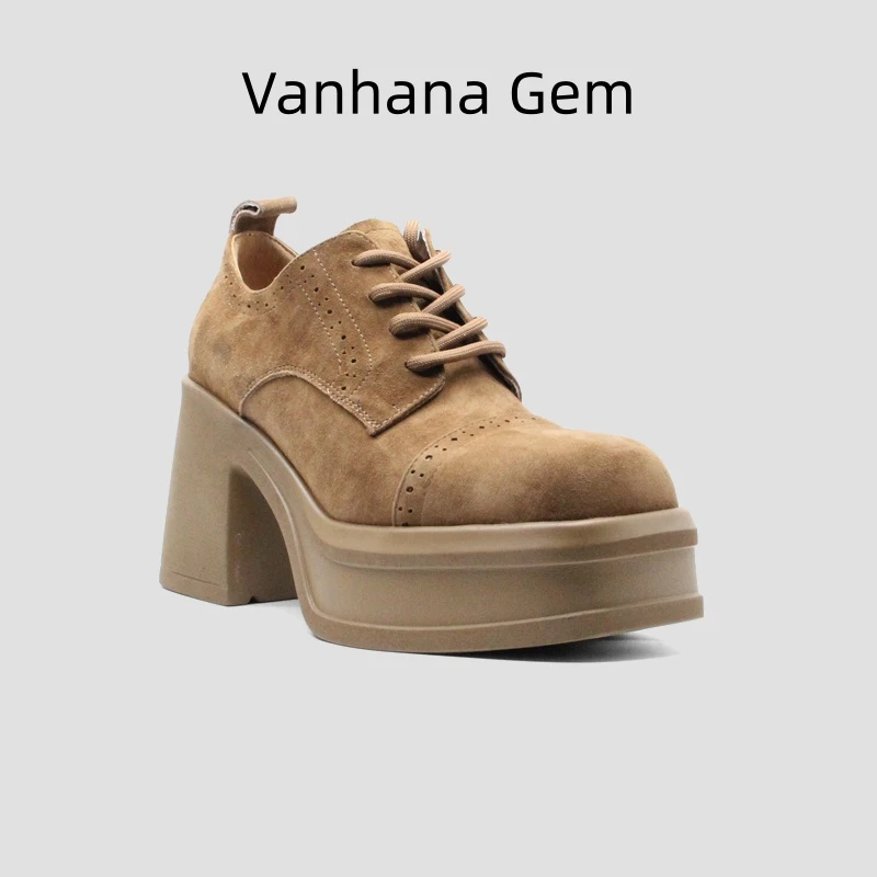 VANHANA GEM欧洲站时尚圆头女士系带深口粗跟圆头复古单鞋1316173