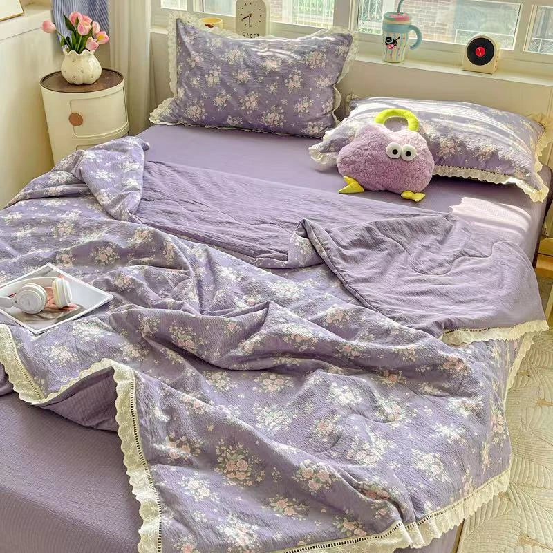 法式复古棉花边款双层纱夏被四件套床单夏被空调被四件套软糯可洗