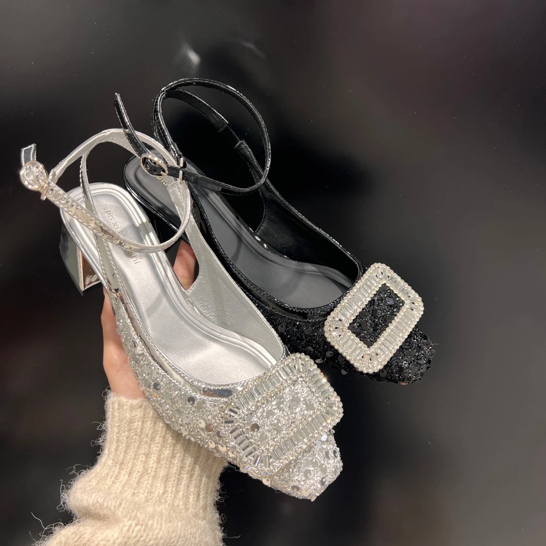 法式银色亮片高跟鞋包头凉鞋仙女鞋子2025春夏气质水钻配裙子单鞋