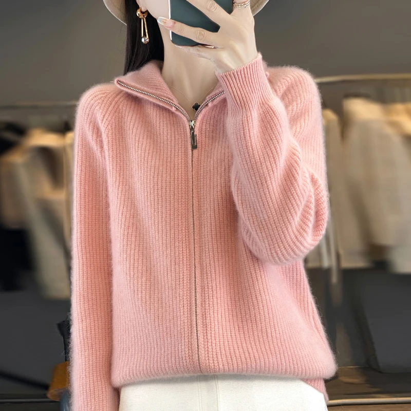 早春新款~加厚拉链开衫100%纯羊毛衫女半高领休闲宽松气质D368