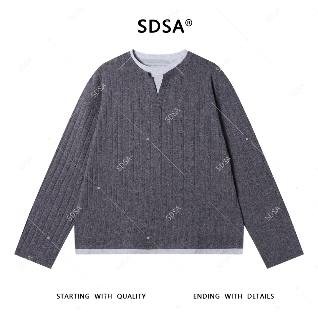 SDSA男士秋冬新款轻奢痞帅男装简约竖纹假两件圆领长袖T恤网红款