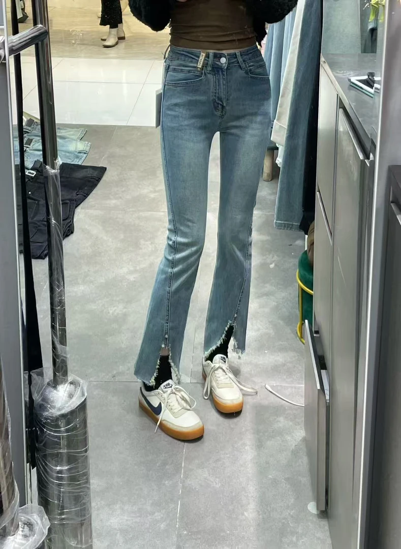 DVDS#8650春夏福利高弹九分开叉微喇牛仔裤，裤长：95cm