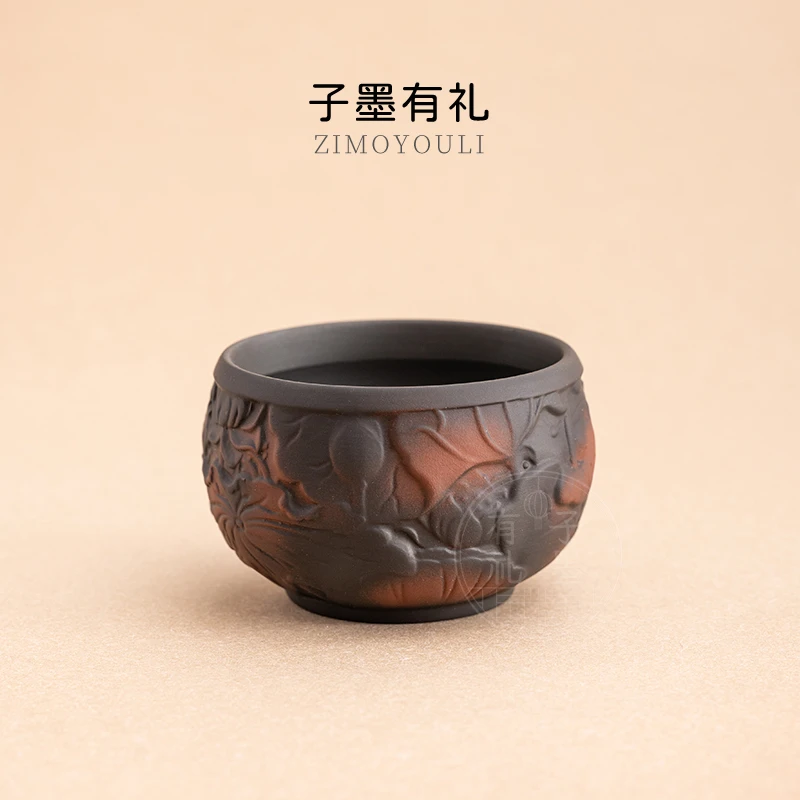 紫陶主人功夫茶杯浮雕家用手工专用紫砂茶具单杯陶瓷茶盏高档莲花