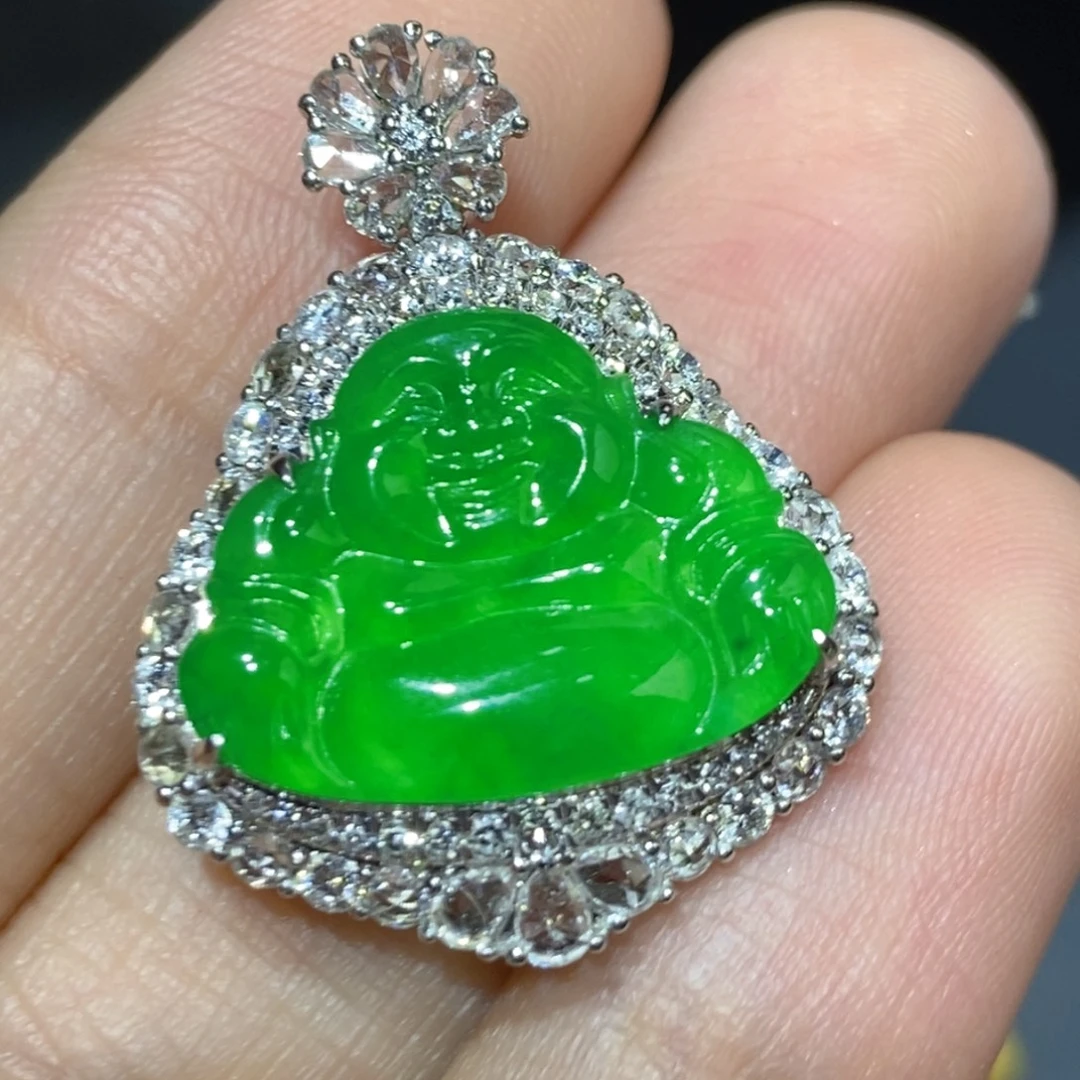 翡翠18K金镶嵌吊坠(不含链)天然缅甸A货翡翠