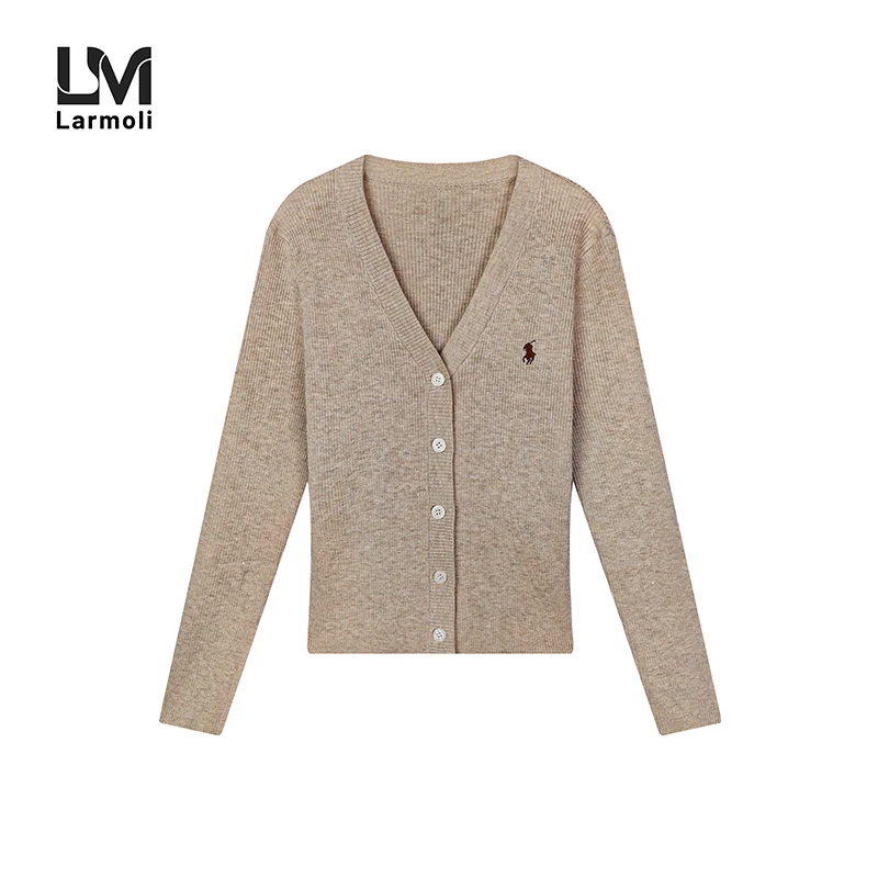 Larmoli2175简约百搭秋季时尚V领刺绣设计休闲百搭长袖针织开衫女