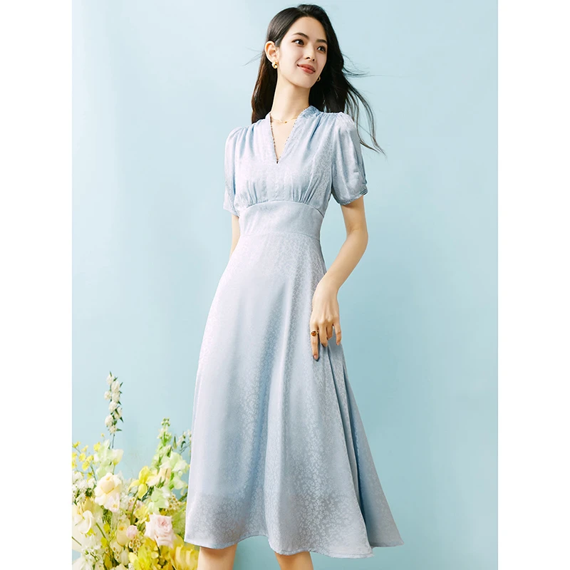 晚白时尚百搭显瘦气质显高裙子V领短袖连衣裙24041209