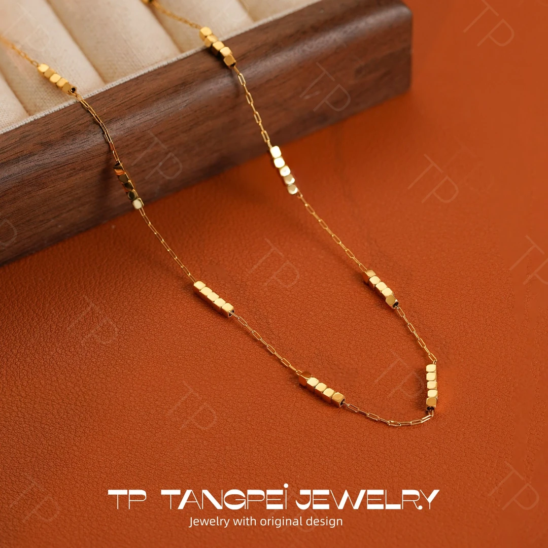 不锈钢项链 设计感冷淡风素款拼接串珠方糖颈链大气时尚饰品