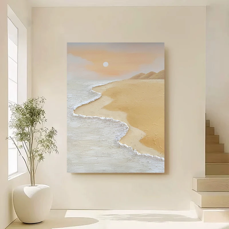 原创手绘油画《日出时分》现代极简奶油风客厅沙发背景画原木风挂画