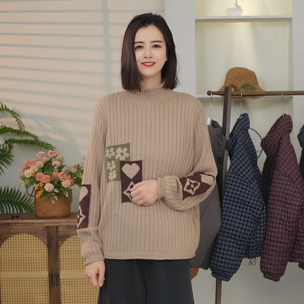 2024冬季新款女式针织打底衫时尚 百搭设计提花半高领卫衣