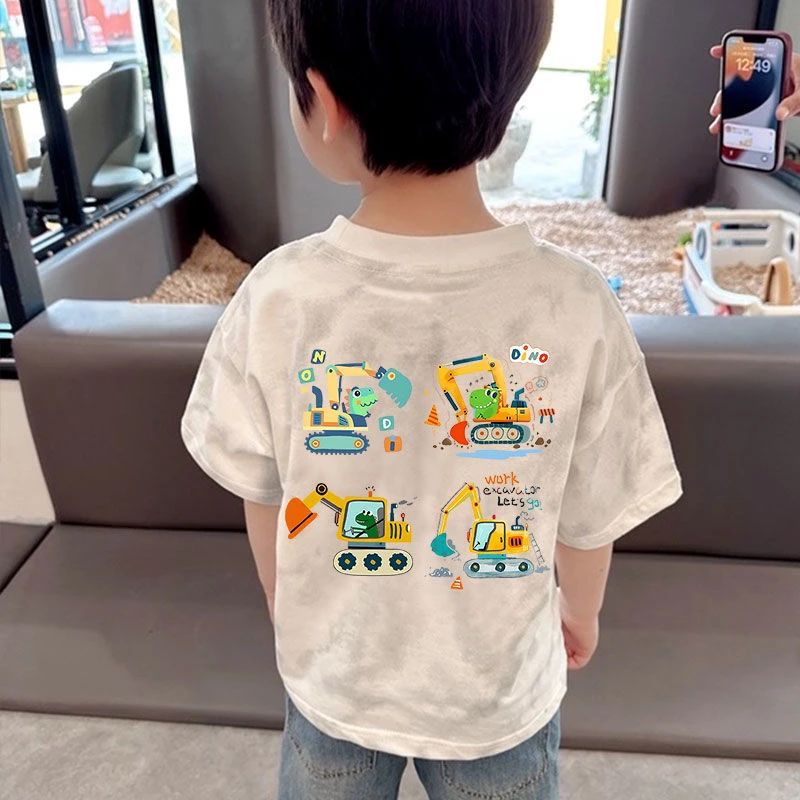 纯棉短袖男童t恤夏季新款恐龙挖掘机印花半袖扎染渐变色洋气上衣