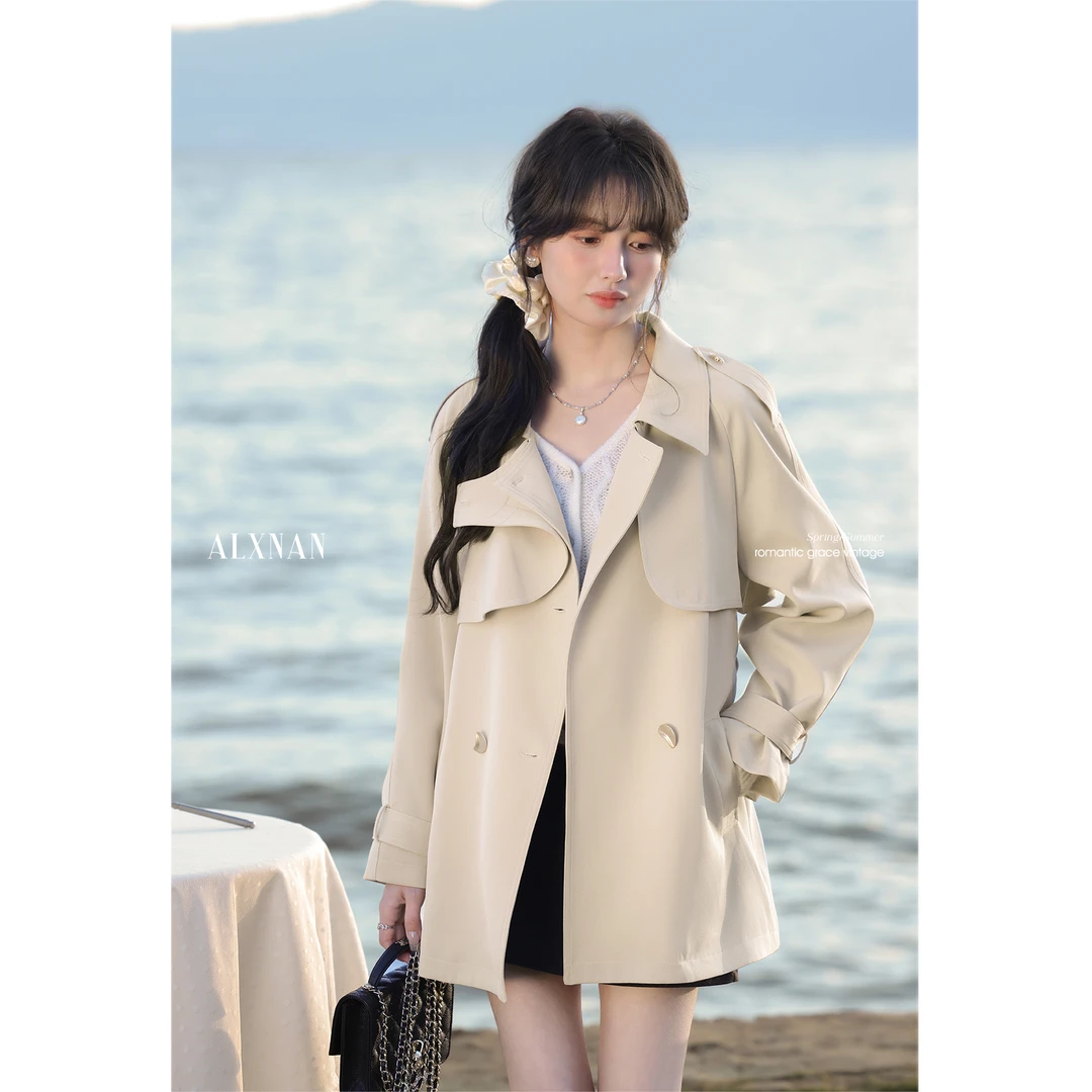 【品牌撤柜款ZB】杏色时尚风衣2025春季新款女装高级感外套L52980