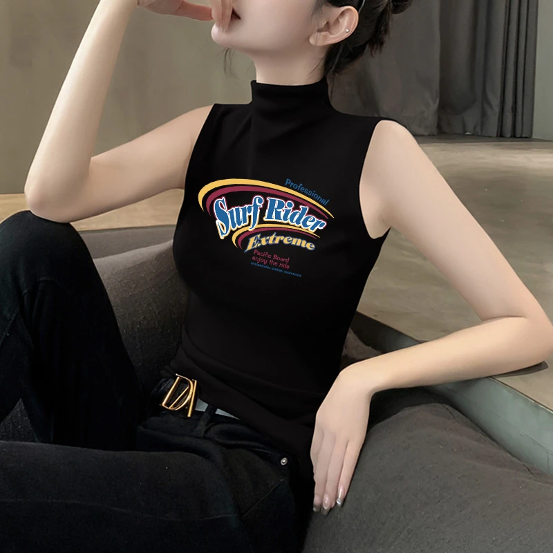 莫代尔坎肩无袖背心女春夏季外穿小众百搭半高领印花t恤上衣ins潮