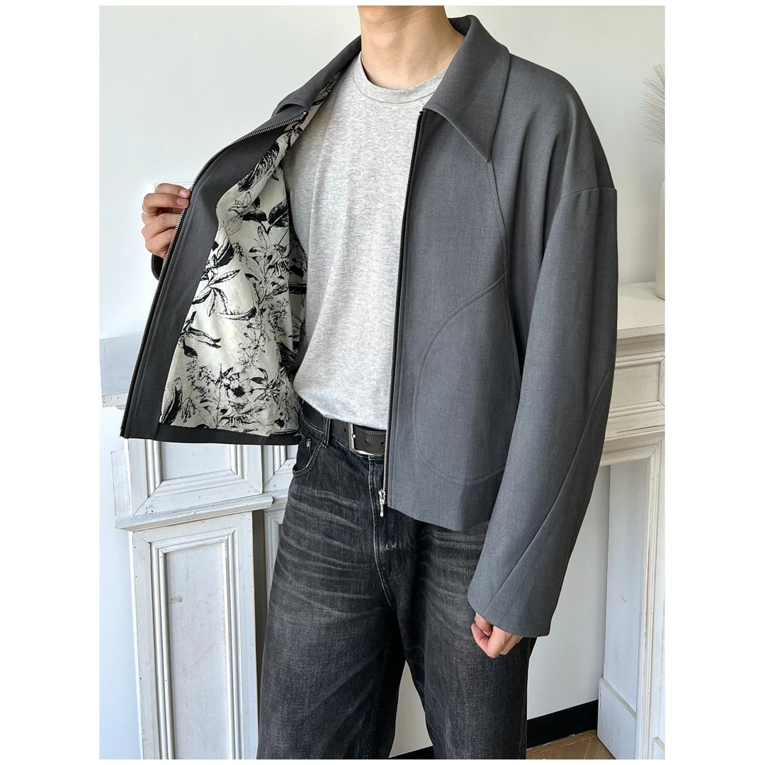 SUKCHOR羊毛混纺粗斜纹肌理水墨花boxy短宽秋冬拉链夹克外套