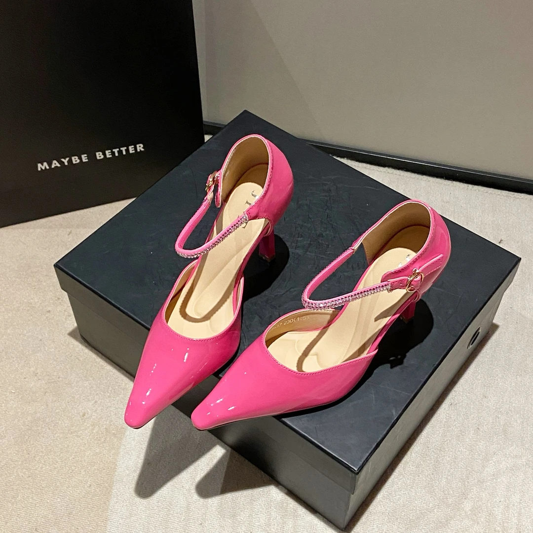 【7公分】尖头一字扣女细高跟鞋2025款玫红色漆皮法式女单鞋百搭