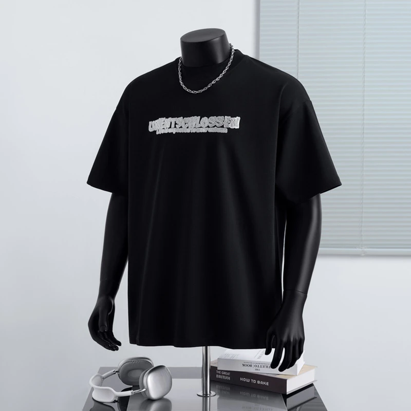 夏季时尚短袖男t恤纯棉通勤拉浆印花衫美式潮牌街头上衣