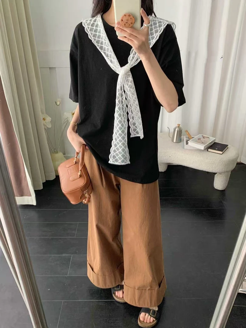 2025新品 蕾丝披肩圆领中长款简约T恤