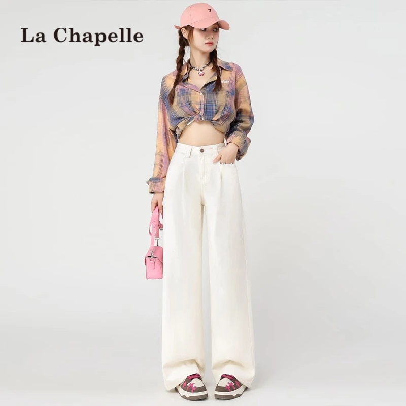 拉夏贝尔窄版阔腿白色牛仔裤女春秋2025年新款高腰垂感宽松直筒裤