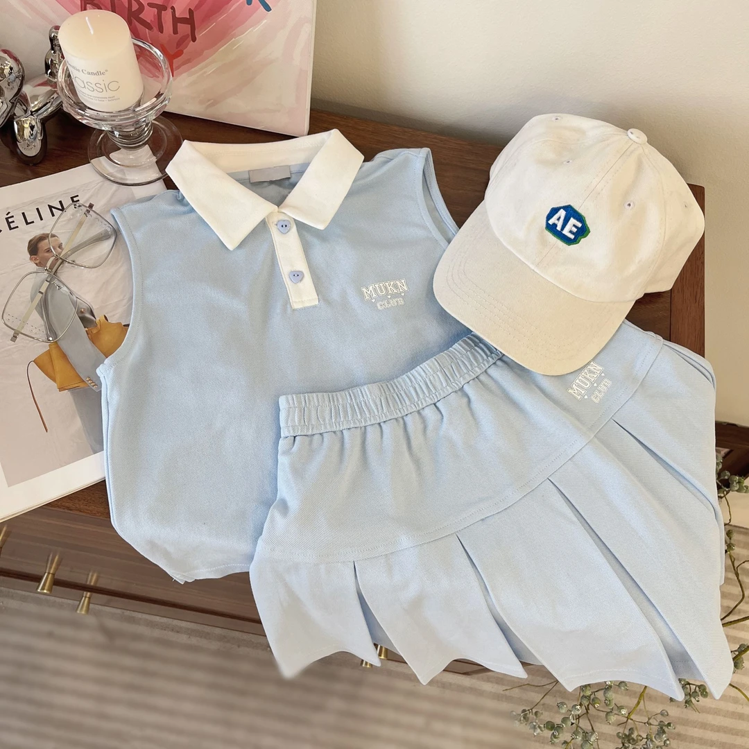 女童夏款时尚无袖POLO衫洋气小短裙套装2025儿童T恤百褶裙两件套