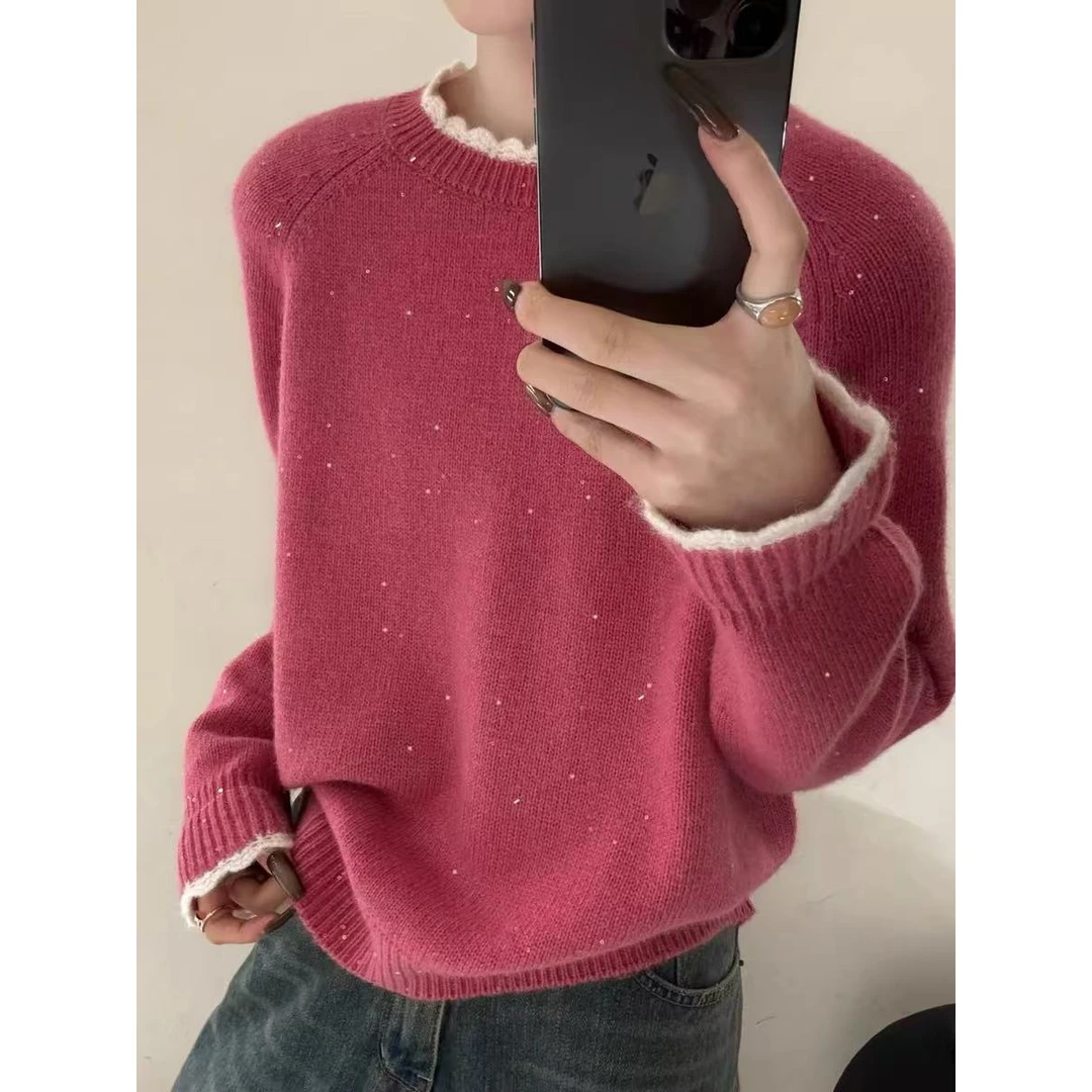 //拼接蕾丝边圆领针织衫时尚百搭毛衣女 衣长56 胸围54 CM110