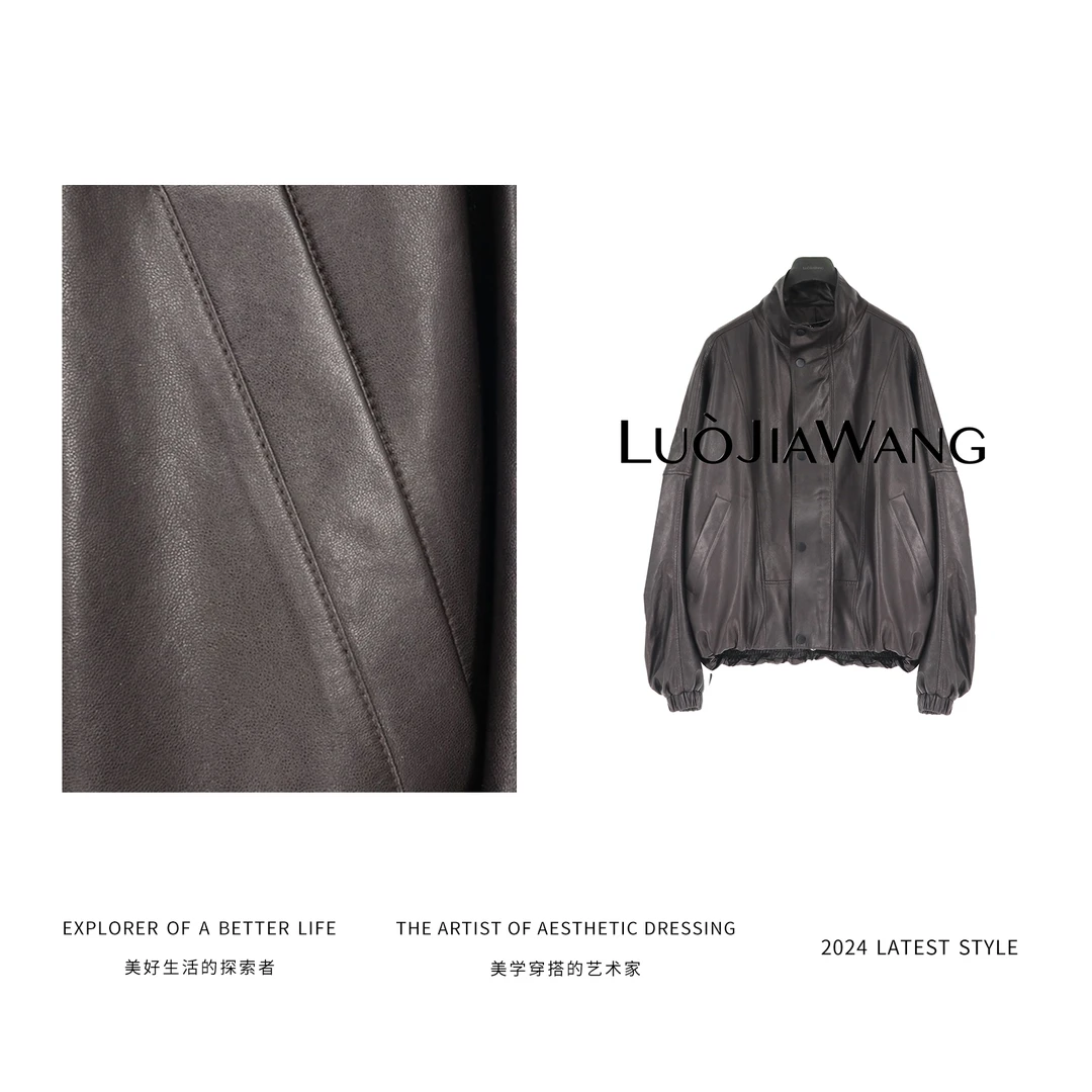 LUOJIAWANG时髦复古真皮羊皮质感柔软立领皮衣外套